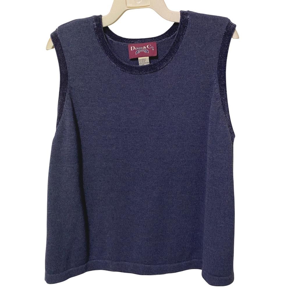 Vtg‎ 90s Denim & Co Womens Scoop Neck Sweater Vest 2X Blue Preppy Dark Academia